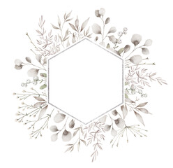 Watercolor wreath with white wild leaves, twigs, winter mistletoe berries. Floral wreath, botanical wedding invitation. Ethereal leaves, branches. 