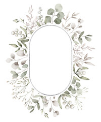 Watercolor wreath with green eucalyptus leaves, twigs, winter mistletoe berries. Floral wreath, botanical wedding invitation. Ethereal leaves, branches. 