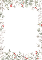 Obraz premium Watercolor frame with green eucalyptus leaves, twigs, winter red berries. Floral wreath, botanical wedding invitation. Ethereal leaves, branches, cranberry. 