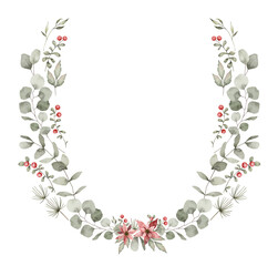 Obraz premium Watercolor frame with green eucalyptus leaves, twigs, winter red berries. Floral wreath, botanical wedding invitation. Ethereal leaves, branches, cranberry, poinsettia. 
