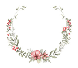 Watercolor frame with green eucalyptus leaves, twigs, winter red berries. Floral wreath, botanical wedding invitation. Ethereal leaves, branches, cranberry, poinsettia. 