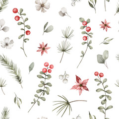 Watercolor seamless pattern with Christmas leaves, flowers. Wild winter plants, berries, grass, twigs. Cranberry, poinsettia. Nature floral background - 520655878