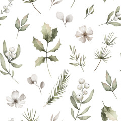 Obraz premium Watercolor seamless pattern with green leaves, twigs. Wild winter plants, berries, grass. Nature floral background