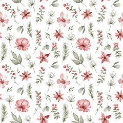 Watercolor seamless pattern with Christmas leaves, flowers. Wild winter plants, berries, grass, twigs. Cranberry, poinsettia. Nature floral background