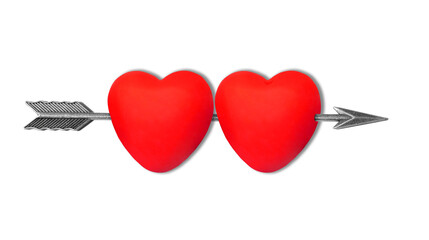 Two hearts pierced with a feathered arrow on white