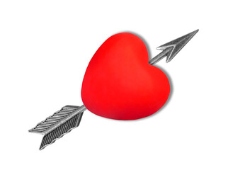 Red heart pierced with a bow arrow on white