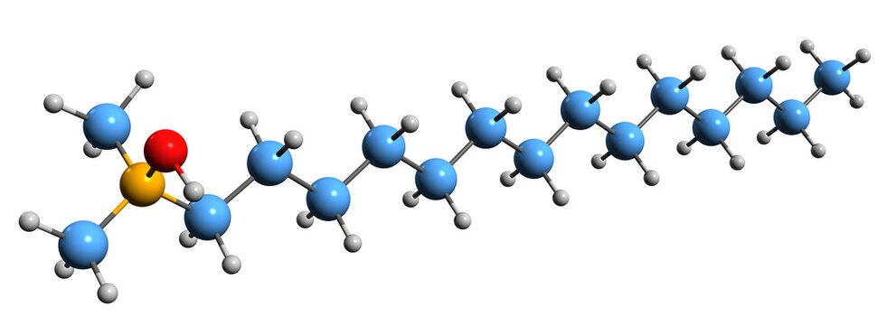  3D image of Myristamine oxide skeletal formula - molecular chemical structure of zwitterionic surfactant  Tetradecyldimethylaminoxide isolated on white background
