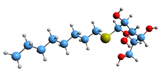 3D image of n-Octyl beta-D-thioglucopyranoside skeletal formula - molecular chemical structure of mild nonionic detergent isolated on white background