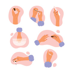 Set of female hands with a manicure. Women's hand manicure collection. Nail care, beauty treatment aesthetic. Vector illustration in cartoon style. Isolated white background