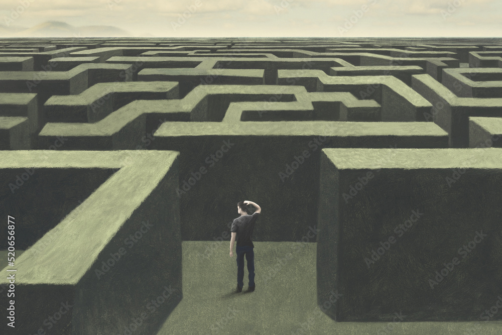 Wall mural illustration of man lost in a complex labyrinth, surreal abstract concept