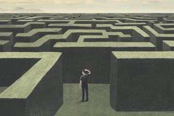 Illustration of man lost in a complex labyrinth, surreal abstract concept - 520656877