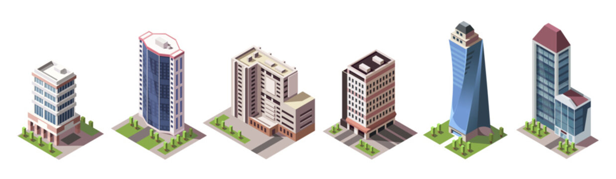 Isometric skyscrapers buildings collection. Set of business office and commercial towers. City development in 3D design. Finance cityscape architecture, street elements for map. Vector illustration