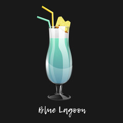 Alcoholic cocktail blue lagoon on black background. Bar drink, beverage in glass for menu. Vector illustration