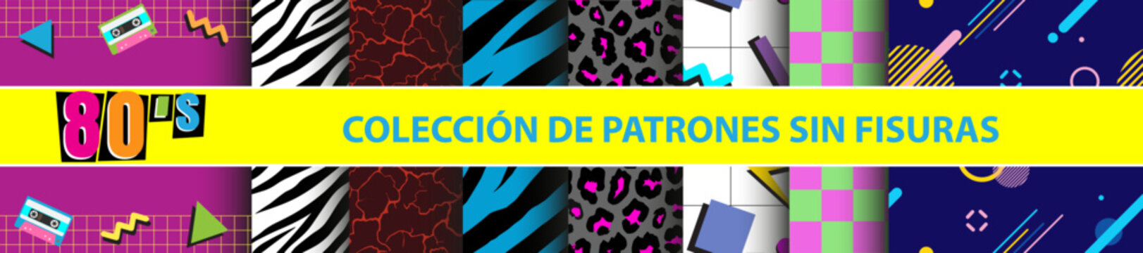 Colección de patrones sin fisuras de los años 80 | Conjunto de gráficos vectoriales vívidos abstractos en estilo retro vintage para prendas de vestir y textiles. Cebra, tigre, leopardo, ajedrez, suelo