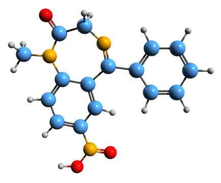  3D image of Nimetazepam skeletal formula - molecular chemical structure of intermediate-acting hypnotic drug isolated on white background