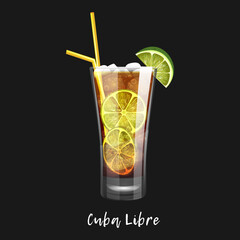 Alcoholic cocktail cuba libre on black background. Bar drink, beverage in glass for menu. Vector illustration