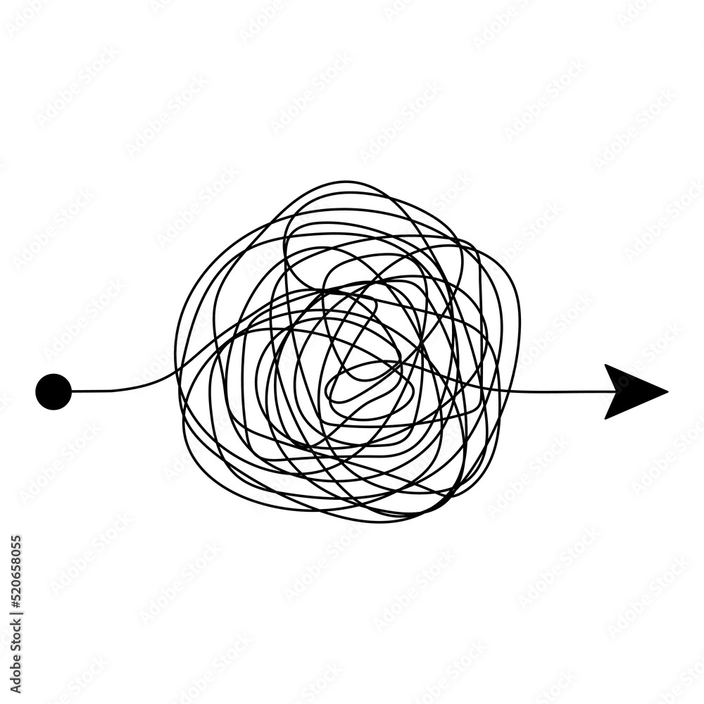 Poster messy scribble arrow line route. difficult arrow way. vector isolated on white.