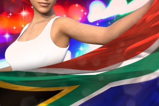 pretty girl holds South Africa flag in front on the party lights - flag concept 3d illustration