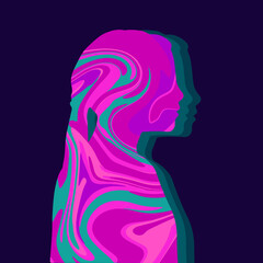 Illustration of a girl in the style of the 70s. Silhouette with flowing paint inside. Bright design.