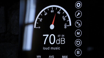 Close-up of sound level meter screen in decibels. Modern electronic sound meter around