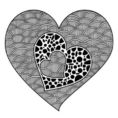 Three hearts in zenart style, black and white art