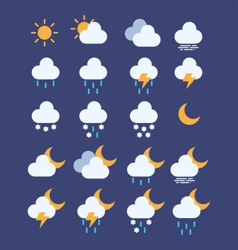 Set of weather flat minimalistic simple icons for meteo forecast meteorology in vector format with transparent alpha background - Sun, rain, cloud, fog, sunny, cloudy, foggy, snow, storm, rain, rainy