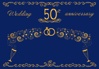 50th wedding anniversary card for congratulations and writing text. Golden anniversary celebrating the wedding. Wedding invitation card on a white background. wedding elements.  illustration