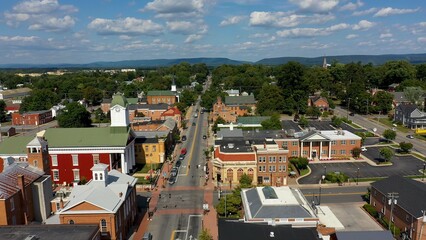 Low aerial view of main street usa, Charles Town, West Virginia, WV on a beautiful sunny day.