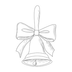 school bell with bow outline, black and white bell with bow for coloring as template for design