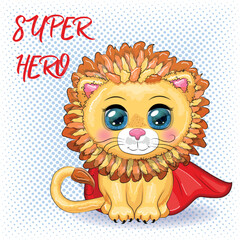 Cartoon lion boy in red super hero cloak with beautiful eyes