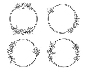 Hand drawn floral wreath with heart and leaves collection.