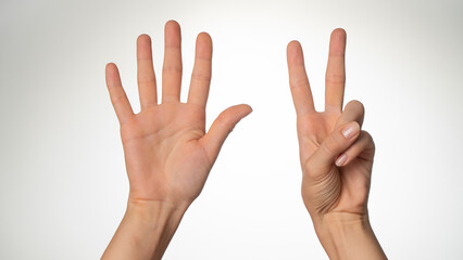 Women's hands gesture counting on fingers seven palm side
