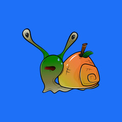 Snail cartoon character with pear. Health food.