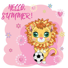 Cartoon lion with a soccer ball. Character with beautiful eyes, childish. Sport concept