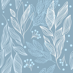 Autumn linear pattern with branches. Seamless print with leaves and berries. Line art on gray blue background