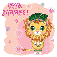 Cute little lion with wreath of hawaii flowers. Cartoon illustration