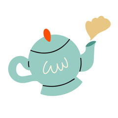 Vintage kettle with hot steam. Blue porcelain teapot with white pattern. Colored flat vector illustration isolated on white background