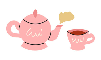 Antique kettle with hot steam and a cup of tea. Pink porcelain set with white pattern. Colored flat vector illustration isolated on white background