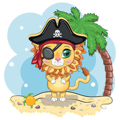 Lion pirate, cartoon character of the game, wild animal cat in a bandana and a cocked hat with a skull, with an eye patch. Character with bright eyes