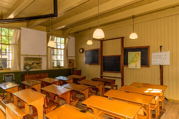 Enkhuizen, Netherlands, June 2022. An old fashioned classroom dating back to 1905.