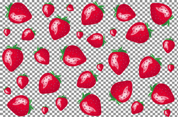 Strawberries on a transparent background.
 Seamless pattern with red, ripe, delicious berries.Vector illustration in cartoon stele. Template for design and printing on fabric, paper.