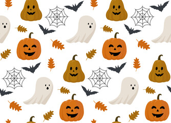 Halloween Seamless Pattern. Ghost and Pumpkin Floral Cartoon Seamless Pattern