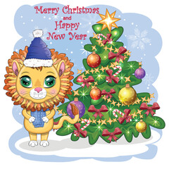 Naklejka premium Merry Christmas and Happy New year. Funny lion in red hat with gift in cartoon style. Greeting card.