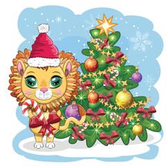 Merry Christmas and Happy New year. Funny lion in red hat with gift in cartoon style. Greeting card.