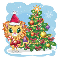 Merry Christmas and Happy New year. Funny lion in red hat with gift in cartoon style. Greeting card.