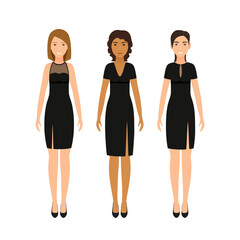 Obraz premium Black little dress on women. Set elegant cocktail dresses. Silhouette apparel. Collection girl clothing. Clothes icon for girls isolated on a white background. Vector illustration.