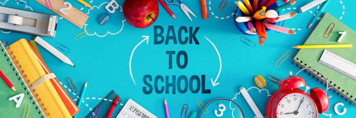 Back to school concept with text and school equipment on blue background 3D Rendering, 3D Illustration