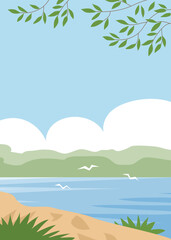 Fototapeta na wymiar Summer landscape with lake shore and tree. Tree branch with green foliage. Wild beach. Beautiful nature. Flat vector illustration background
