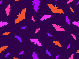 Seamless pattern with colorful bats. Festive background with Halloween bats. Design for wrappers, banners and holiday invitations. Vector illustration