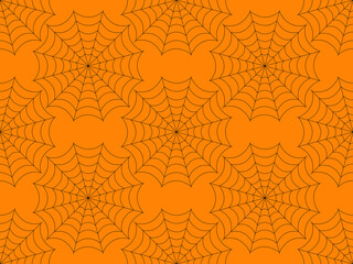 Black cobweb on orange background seamless pattern. Spider web for halloween. Design for wrappers, banners and holiday invitations. Vector illustration